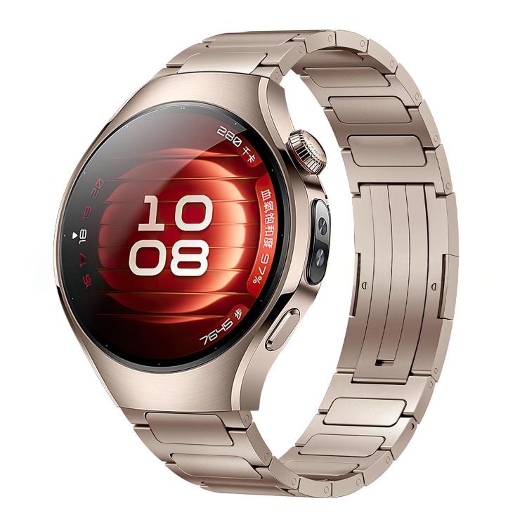 Gold titanium alloy watch band attached to a smartwatch with a fold-over clasp.