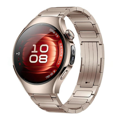 Gold titanium alloy watch band attached to a smartwatch with a fold-over clasp.