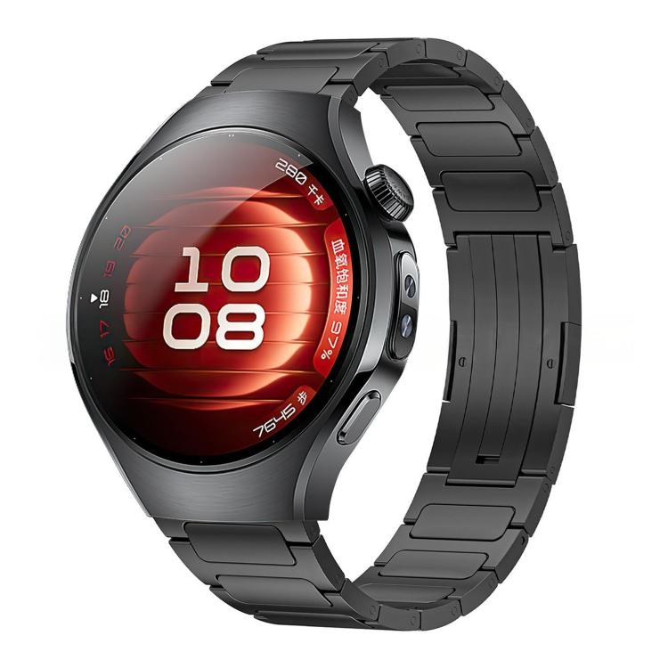 Black titanium alloy watch band attached to a smartwatch with linked bracelet design.