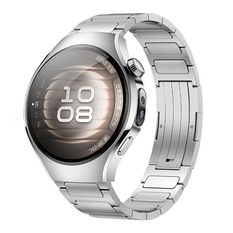 Silver titanium alloy watch band attached to a smartwatch with linked bracelet design.