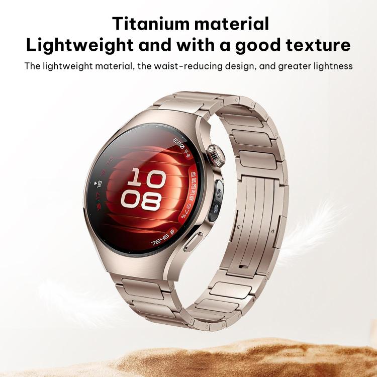 Titanium alloy watch band on a round smartwatch, with a linked metal bracelet in pale gold.