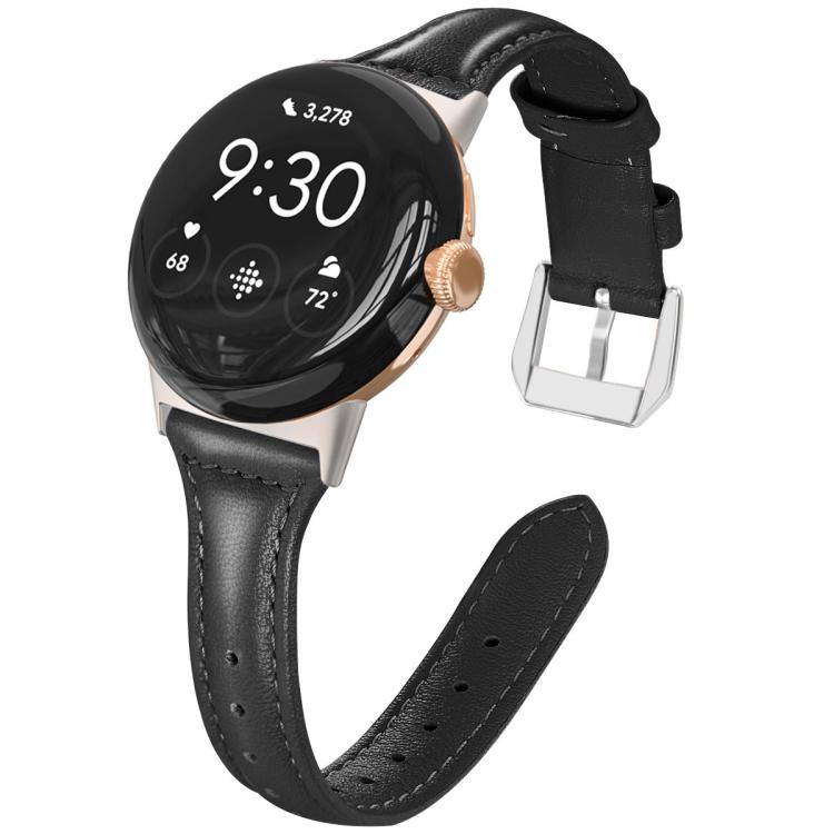 Black genuine leather Pixel Watch band with stitching, adjustment holes and silver buckle