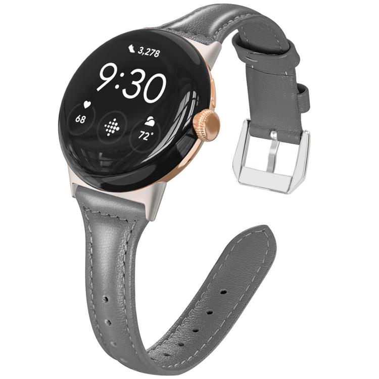 Gray genuine leather Pixel Watch band with stitching, adjustment holes and silver buckle