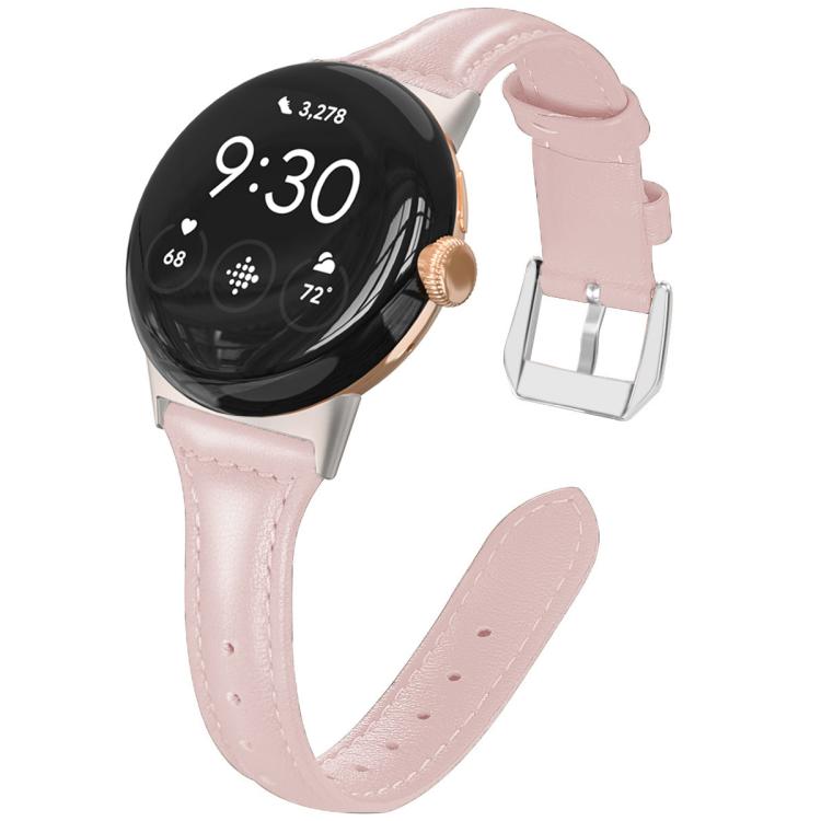Pink genuine leather Pixel Watch band with stitching, adjustment holes and silver buckle