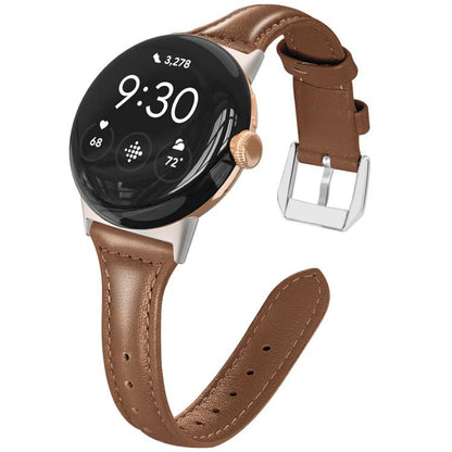 Brown genuine leather watch band with stitching, adjustment holes and silver buckle, shown on a smartwatch.