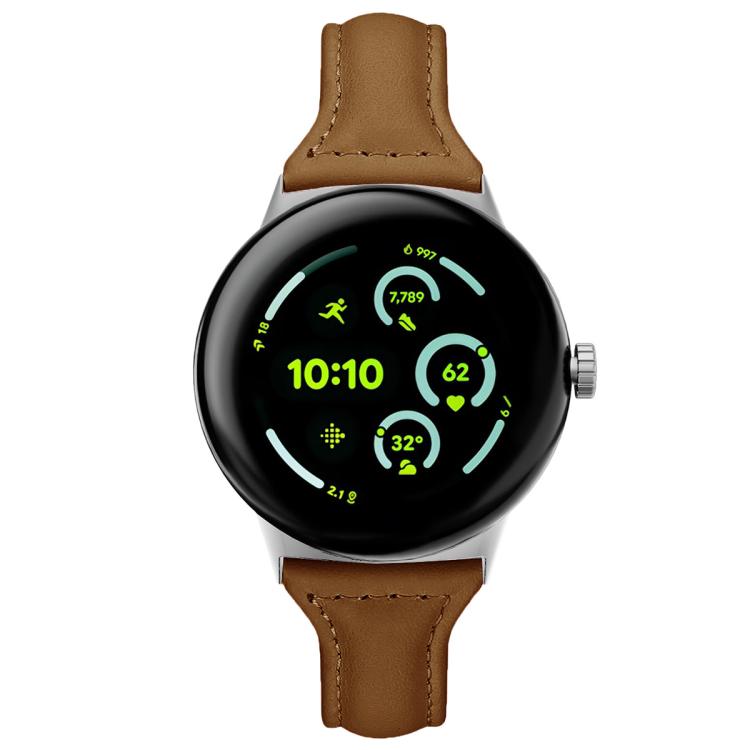 Brown stitched leather band attached to a round smartwatch, shown from the front.