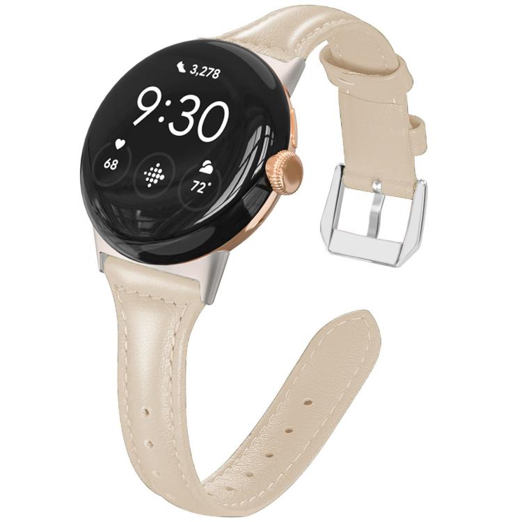 Ivory leather smartwatch band with stitched edges, adjustment holes and a silver buckle.