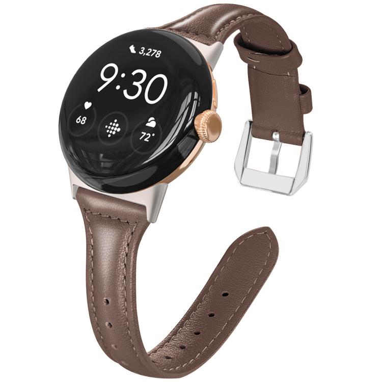 Brown genuine leather Pixel Watch band with stitching, adjustment holes and silver buckle