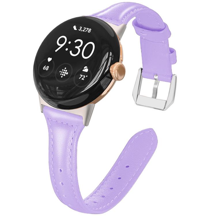 Light purple genuine leather Pixel Watch band with stitching, adjustment holes and silver buckle