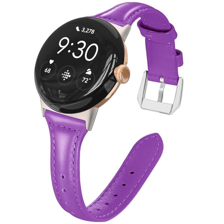 Dark purple genuine leather Pixel Watch band with stitching, adjustment holes and silver buckle