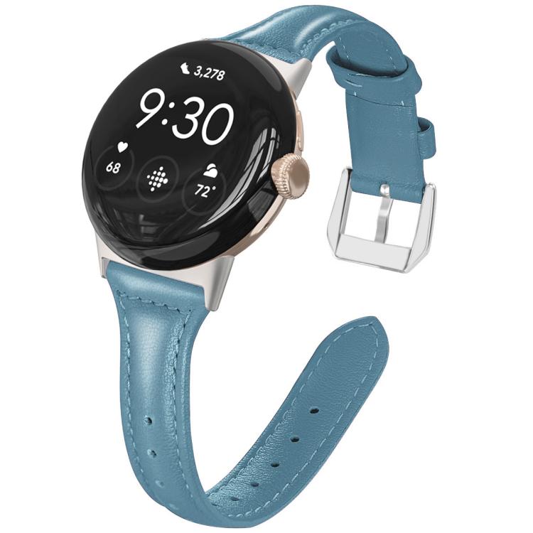 Blue genuine leather Pixel Watch band with stitching, adjustment holes and silver buckle