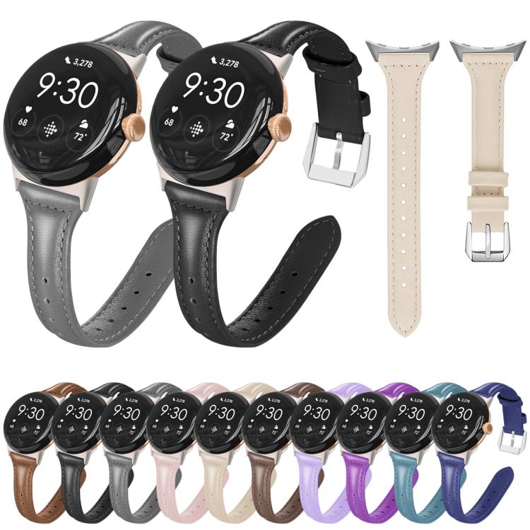 Leather smartwatch bands in several colors, with buckles and multiple sizes shown.