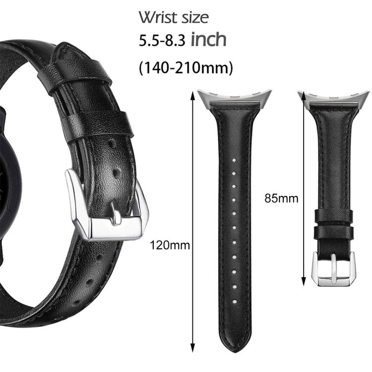 Black leather Pixel Watch band with adjustable buckle; two straps measure 120 mm and 85 mm
