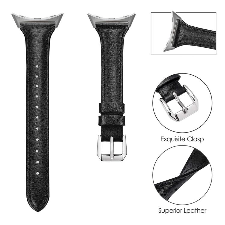 Black slim genuine leather watch band with silver buckle and adjustment holes