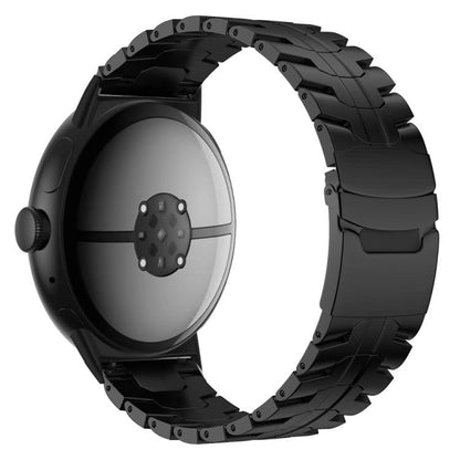 Black titanium alloy watch band with segmented links and a safety buckle, shown on a watch