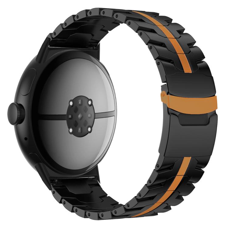 Black titanium alloy watch band with orange accents and a safety buckle, shown on a watch