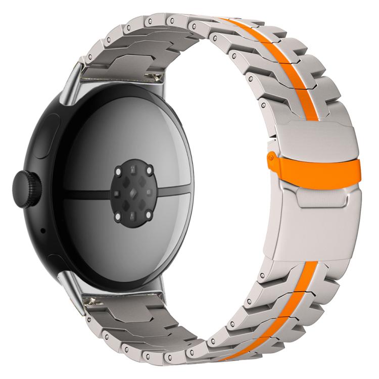 Silver titanium alloy watch band with orange accents and a safety buckle, shown on a watch