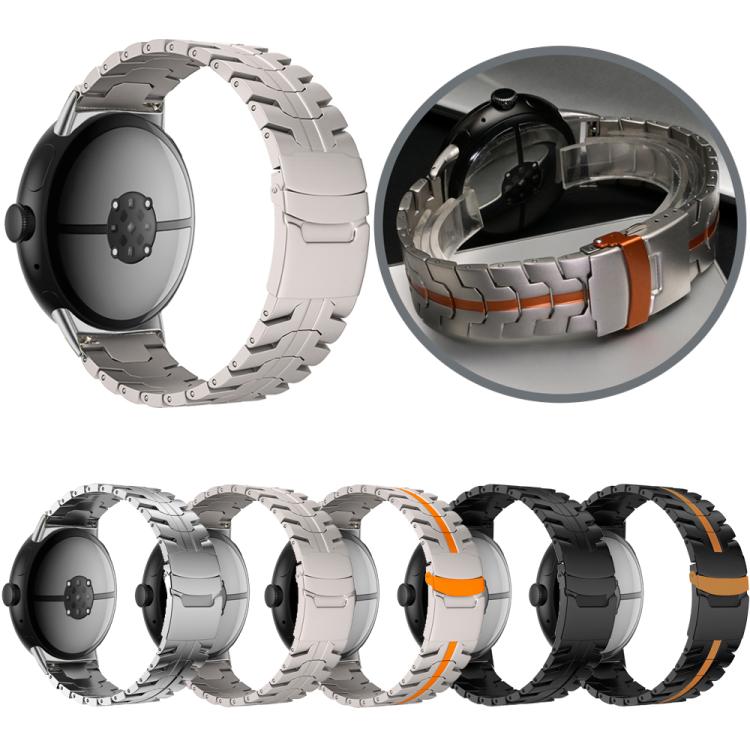 Titanium alloy watch band shown in silver and black finishes, with orange-accented options