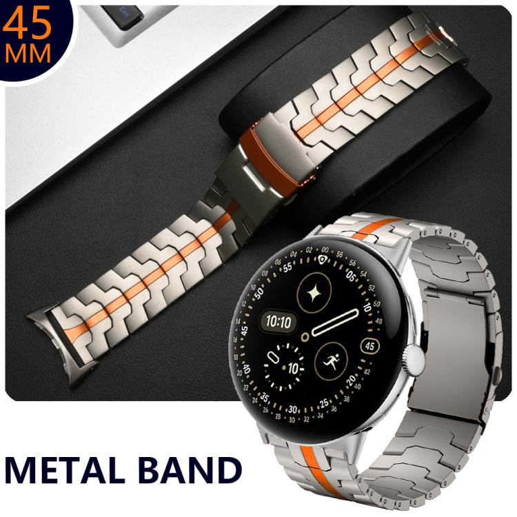 Silver and orange titanium alloy watch band with segmented links, shown on a watch