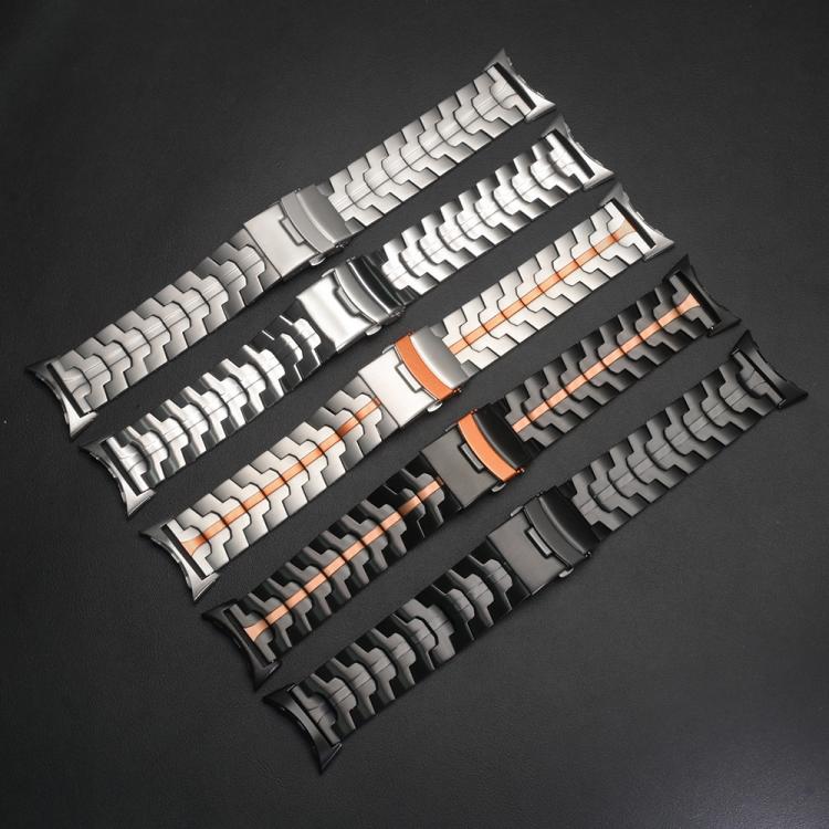 Titanium alloy watch bands in silver and black, with plain and orange-accented designs