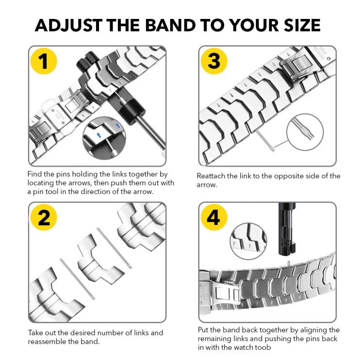 Titanium alloy watch band adjustment guide showing link removal and reassembly