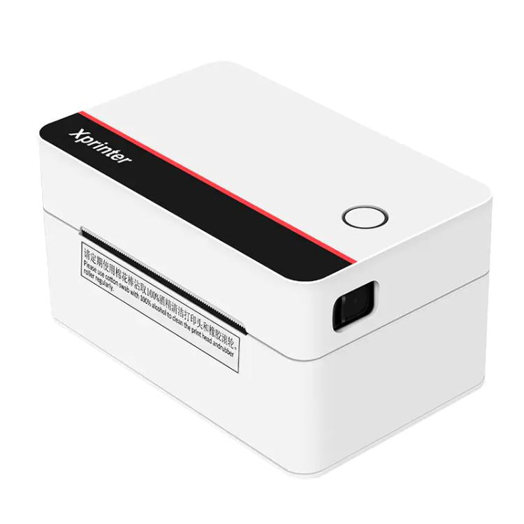 White Xprinter thermal label printer top view with black stripe and round indicator light.