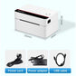 White 80mm thermal label printer with power adapter, power cord, and USB cable