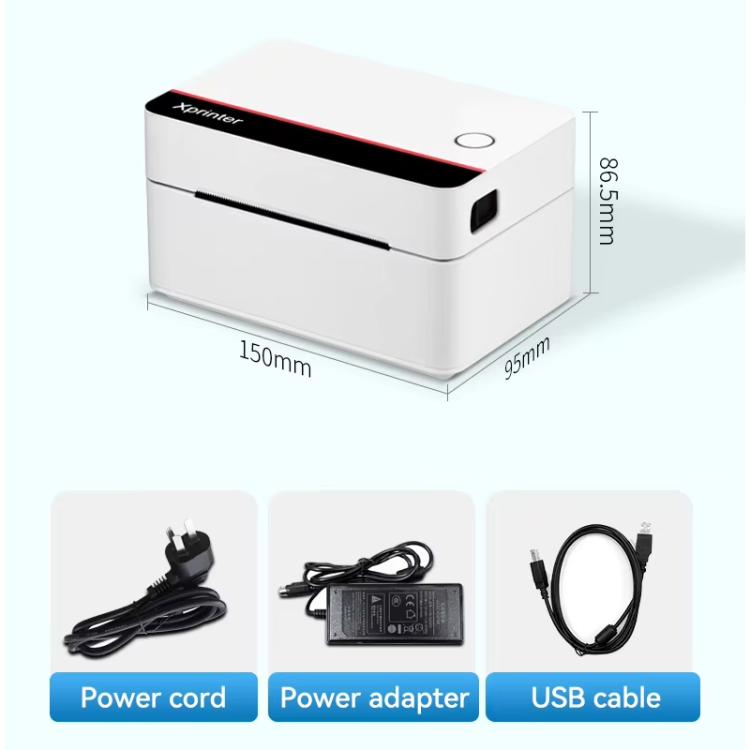 White 80mm thermal label printer with power adapter, power cord, and USB cable