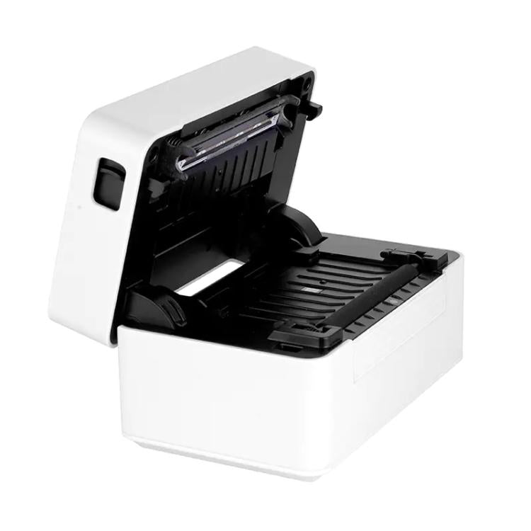 White Xprinter thermal label printer with open lid showing print carriage and paper tray.