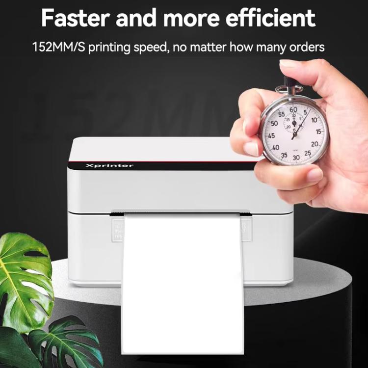 White Xprinter thermal label printer dispensing a label from the front output slot.