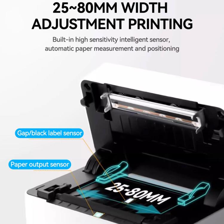 Thermal label printer interior with visible label-width sensor and output sensor area.