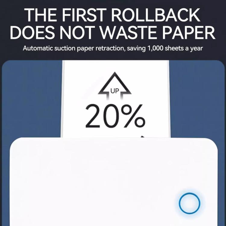 Thermal label printer front showing paper retraction opening and status light.