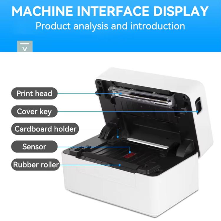 White thermal label printer with open cover showing print head and sensor area