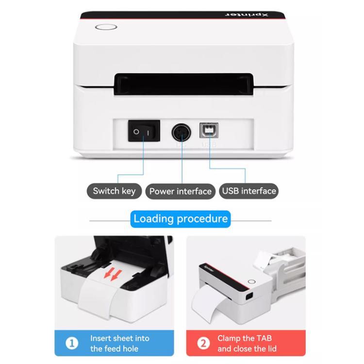 White thermal label printer front ports with power switch key and USB interface