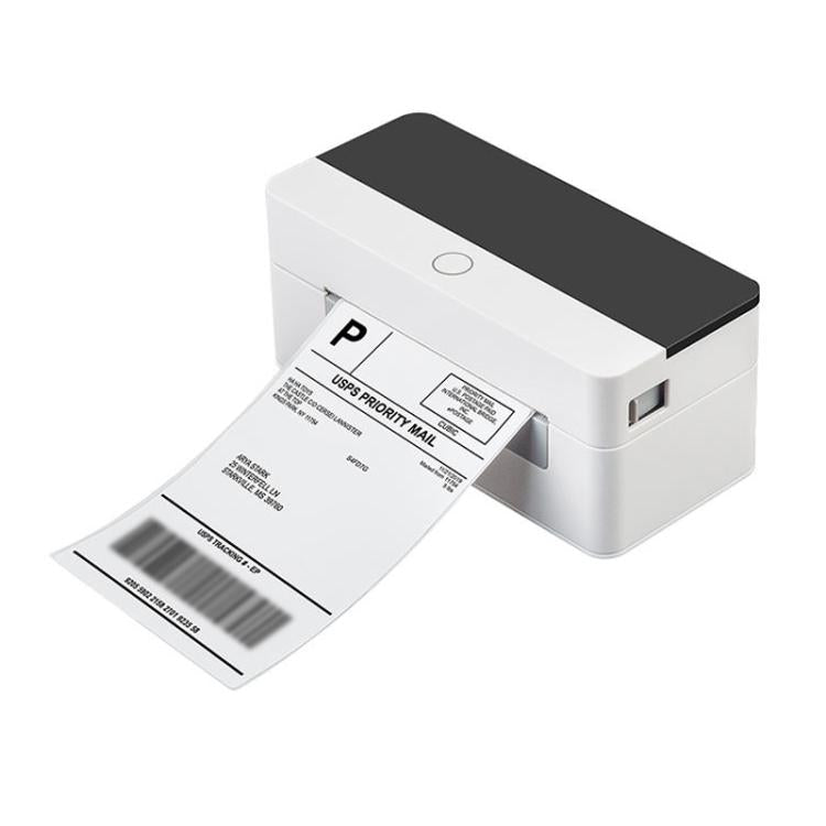 White 108mm thermal label printer, front view with label loaded on output tray