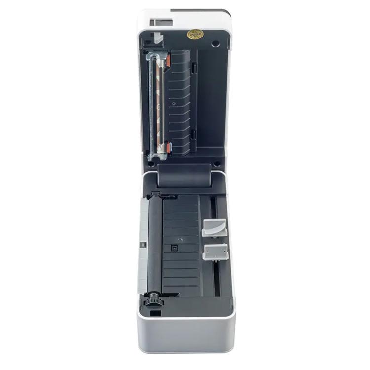 Opened thermal label printer showing internal paper path and print mechanism