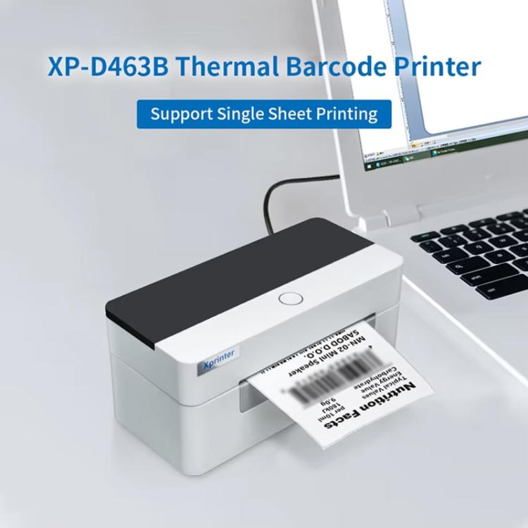 Thermal barcode label printer dispensing a label, white body with dark top
