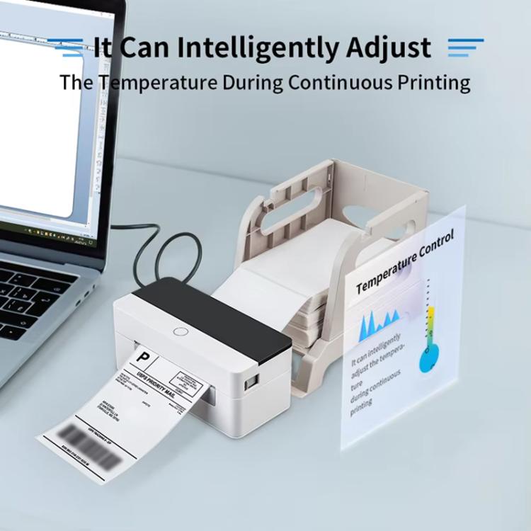 Desktop thermal label printer with label feed tray and front panel ports