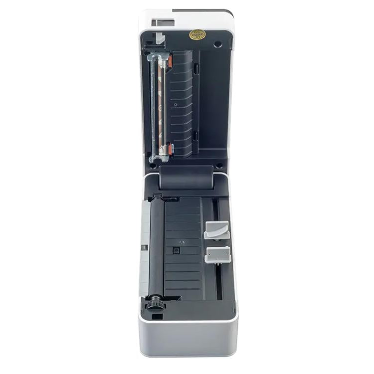 Thermal label printer with open cover showing internal print mechanism