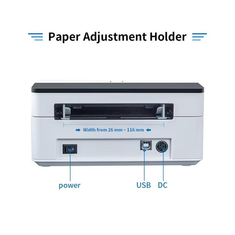Thermal label printer rear panel with power switch, USB port, and DC input