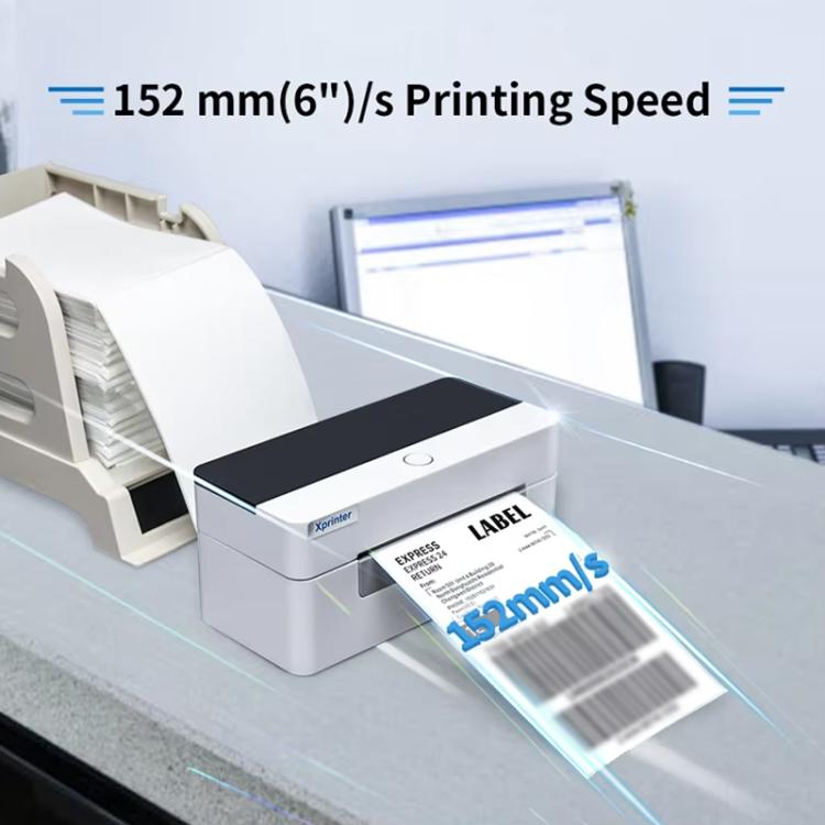Thermal label printer feeding a long barcode label across the output path