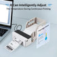 White thermal label printer with paper labels exiting, desktop design