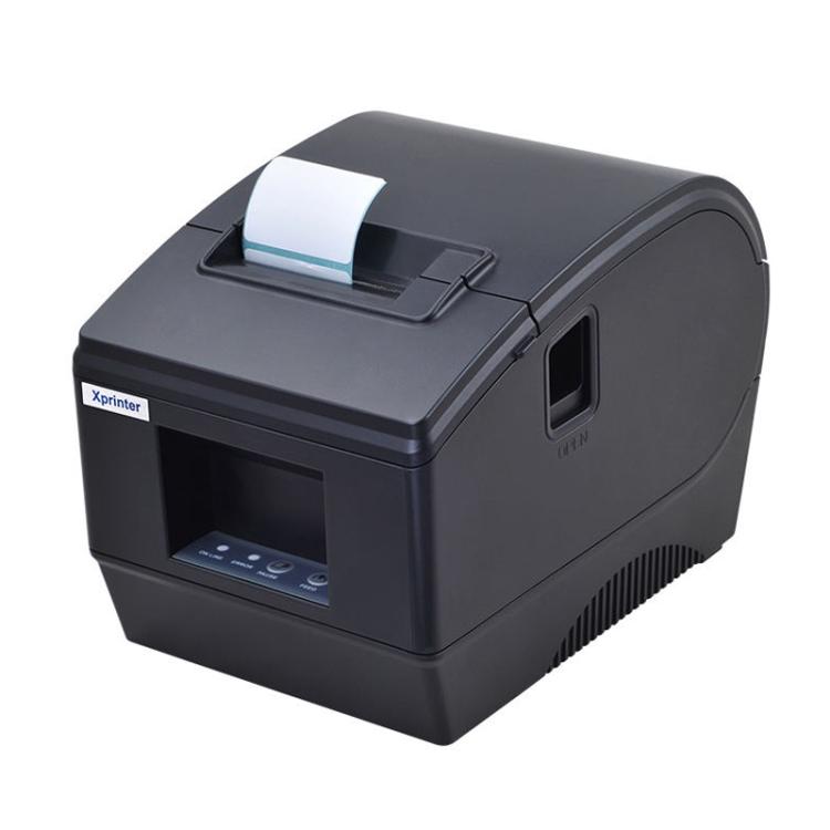 Thermal barcode label printer in black with front window and media roll installed
