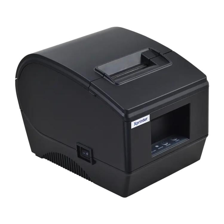 Thermal barcode label printer in black, side view with control panel and vents