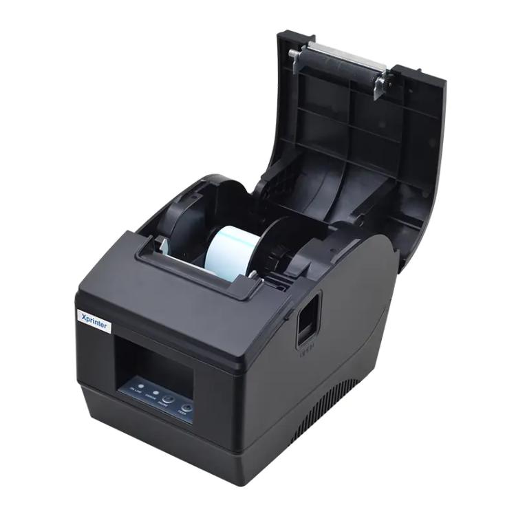 Thermal barcode label printer in black with open top cover and label roll inside