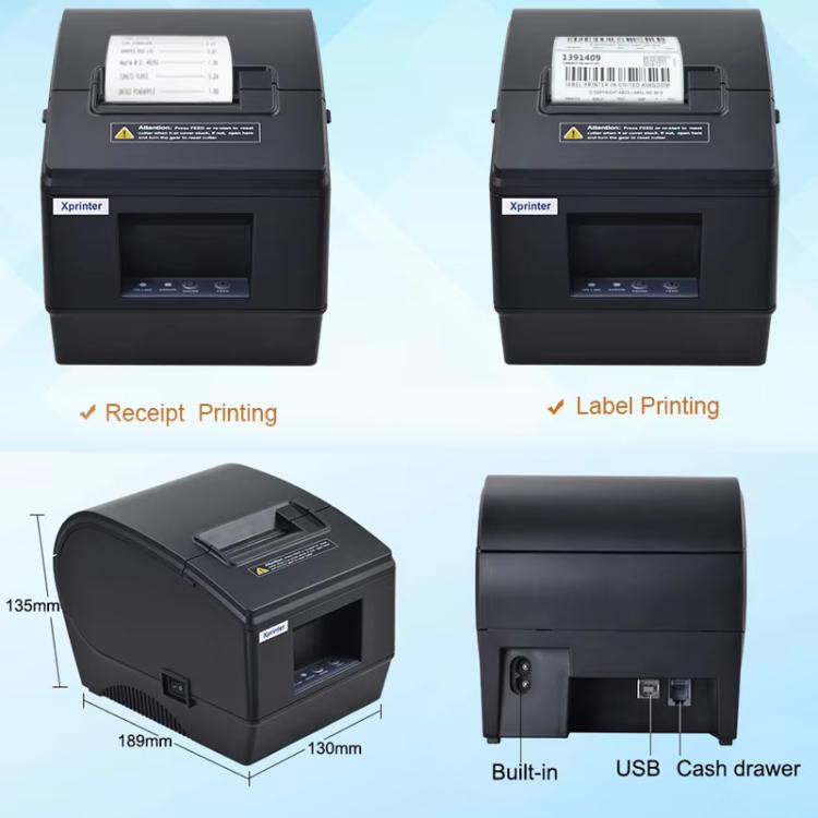 Black thermal label printer with front and rear views, USB and cash drawer ports