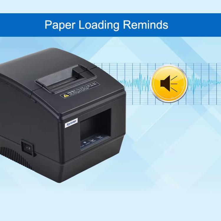Black thermal label printer with front paper-loading area and indicator callout