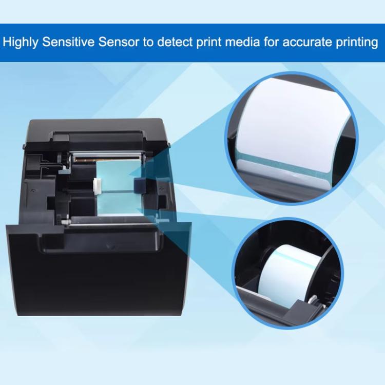 Open black thermal label printer showing internal print mechanism and roll