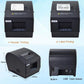 Black thermal label printer showing rear ports, USB connection, and cash drawer slot