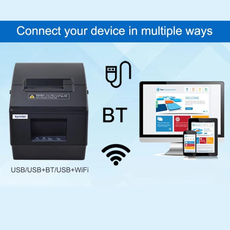 Bluetooth thermal label printer with device connection icons and BT logo